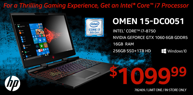 HP Omen 15-DC0051 Laptop - Intel Core i7-8750; NVIDIA GeForce GTX 1060 6GB GDDR5; 16GB RAM; 256GB SSD plus 1TB HD; Windows 10. $1099.99. SKU 782409, Limit One, In-Store Only. For a thrilling gaming experience, get an Intel Core i7 processor